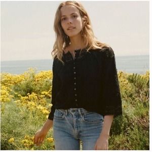 Doen Sz S Black Antibes Embroidered Button Front Blouse